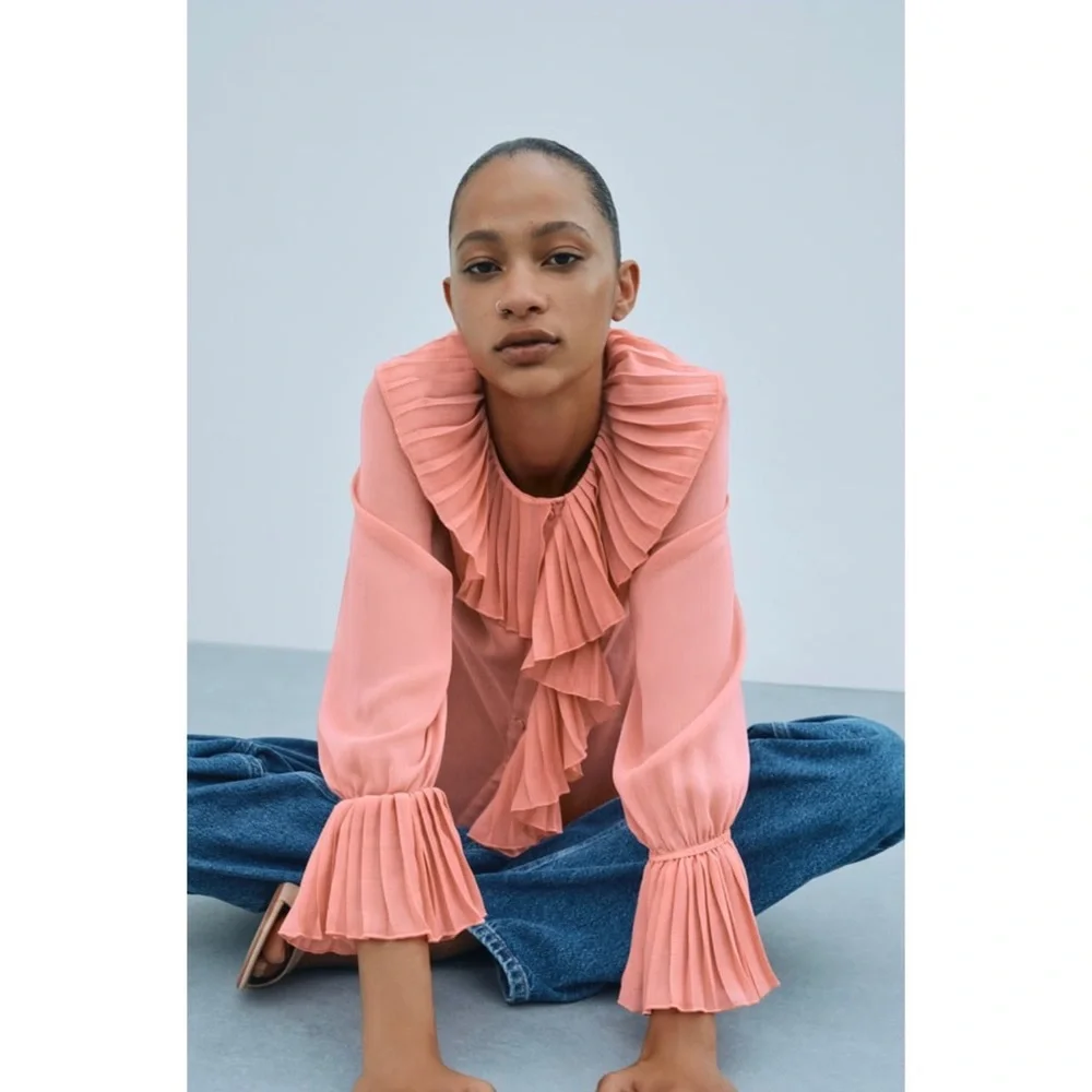 Zara XSmall Pleated Ruffle Blouse, Mid-Pink - Picture 2 of 8